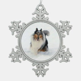 Collie Running Through Snow Snowflake Pewter Christmas Ornament