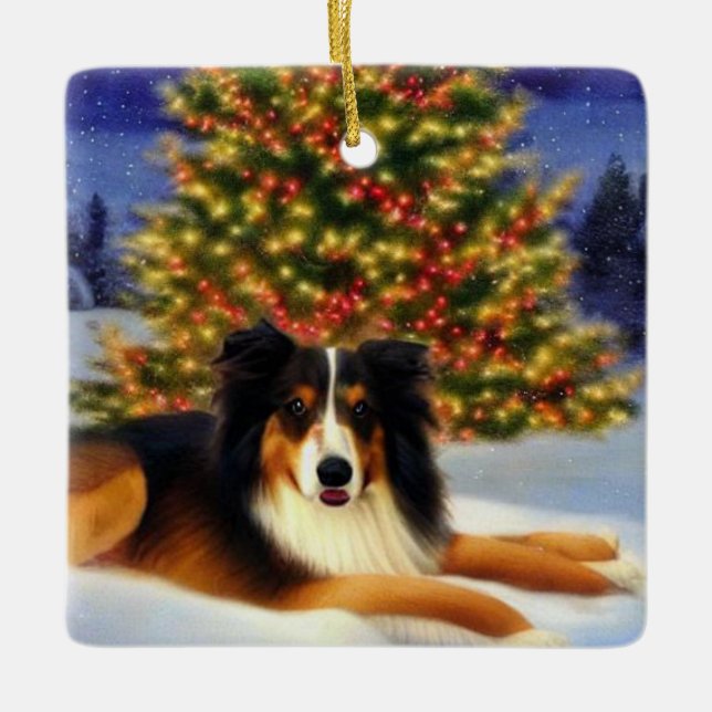 Collie under Christmas Tree Ceramic Ornament (Front)