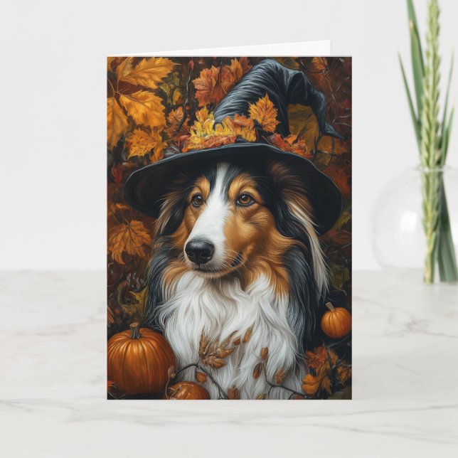 Collie Witch Halloween Holiday Card (Front)