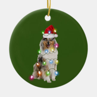Collie With Hat Lights Christmas Ceramic Ornament