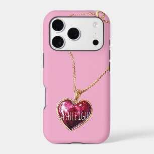 Collier Chaîne en Or Cœur Rouge Rose