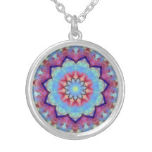 Collier Pendentif rond Mandala à fleurs arc-en-cie