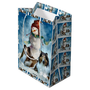 Collies and Snowman Christmas Medium Gift Bag