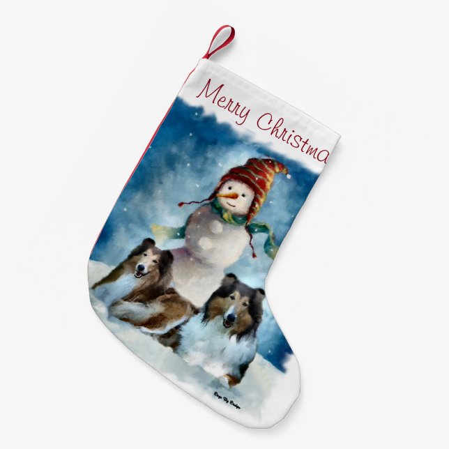 Collies and Snowman  Christmas Small Christmas Stocking (Front (Hanging))