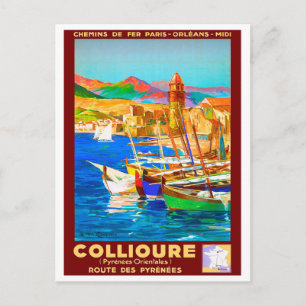 Collioure, Pyrenees, France, boats on port,vintage Postcard