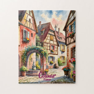 Colmar France Alsace Watercolor Travel Custom Text Jigsaw Puzzle