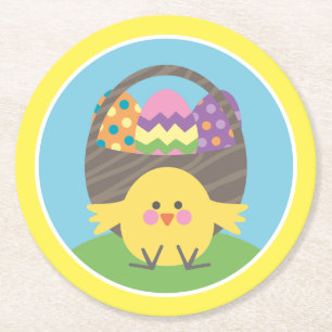 Coloful Chick and Easter Eggs Easter Party Round Paper Coaster
