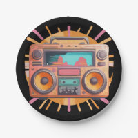 Coloful retro 80s boombox with a sunburst in the.