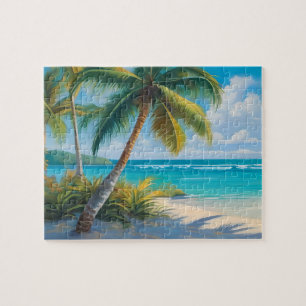 Coloful Tropical Paradise Sea & Palm Trees Jigsaw Puzzle