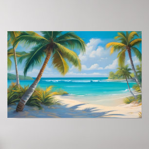Coloful Tropical Paradise Sea & Palm Trees Poster