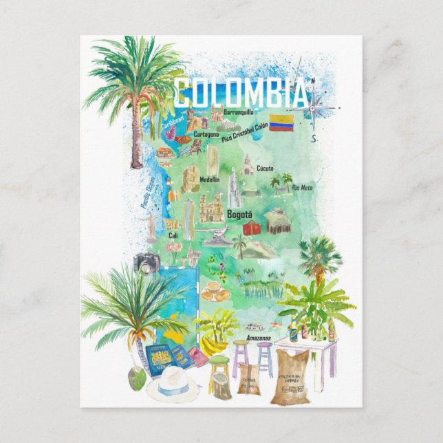 Colombia Illustrated Travel Map  Postcard (Front)