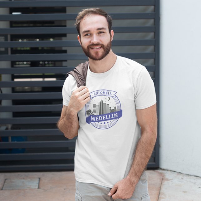 Colombia Medellin Skyline Logo T Shirt (colombia medellin blue cityscape t shirt)