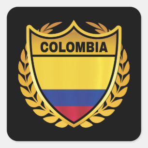 Colombia National Flag Gold Crest Badge Square Sticker