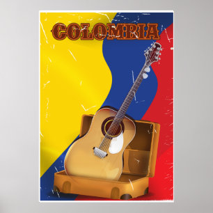 Colombia vintage vacation guitar poster