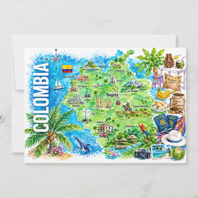 Colombia Watercolor Travel Map Postcard (Front)