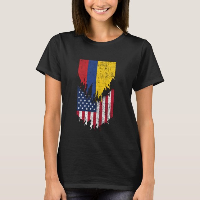 Colombian American Flags Ripped Torn Colombia T-Shirt (Front)