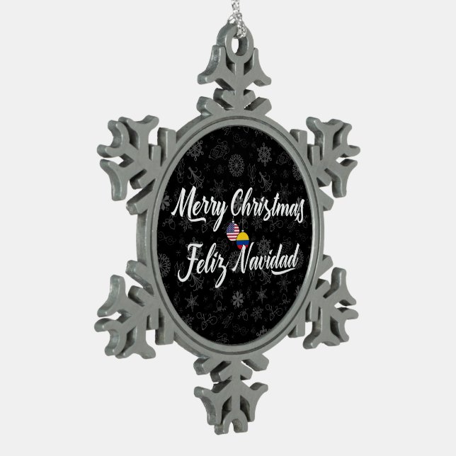 Colombian American With Custom Year Bilingual Snowflake Pewter Christmas Ornament (Left)