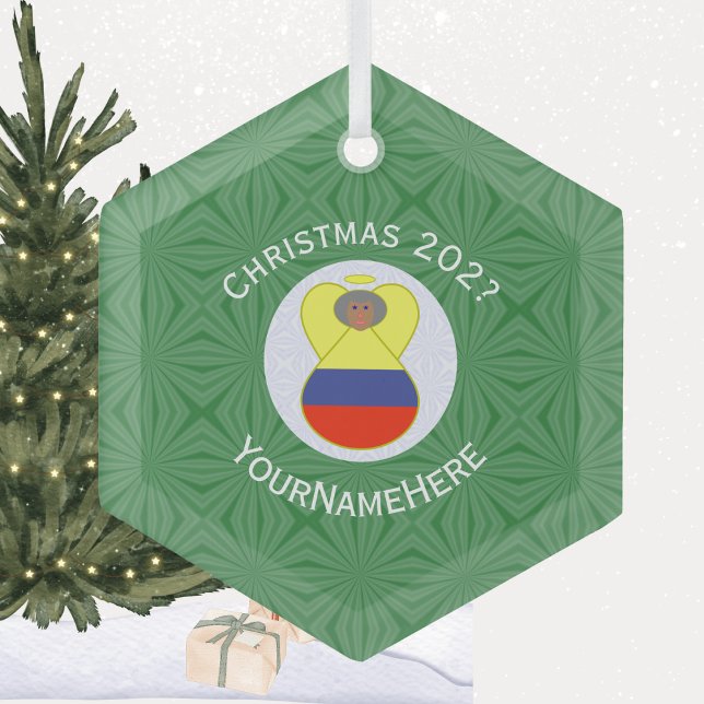 Colombian Christmas Angel Abuela Name Year Hexagon Glass Ornament (Creator Uploaded)