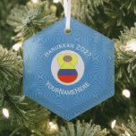 Colombian Hanukkah Angel Abuela Name Year Hexagon Glass Ornament<br><div class="desc">Hanukkah decor hexagon shaped glass ornament has an Abuela angel wearing the yellow, red, and blue flag of Colombia. The Colombian Hanukkah Abuela angel has grey hair and flies inside a circle of white squiggly squares. A background of blue squiggly squares surrounds it all. You can add your own text....</div>