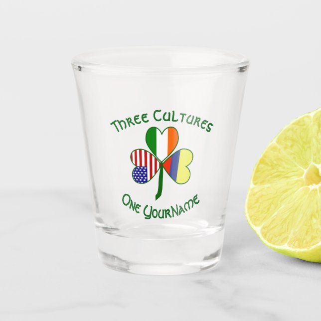 Colombian Irish USA Flags Shamrock Personalized Shot Glass (Front)