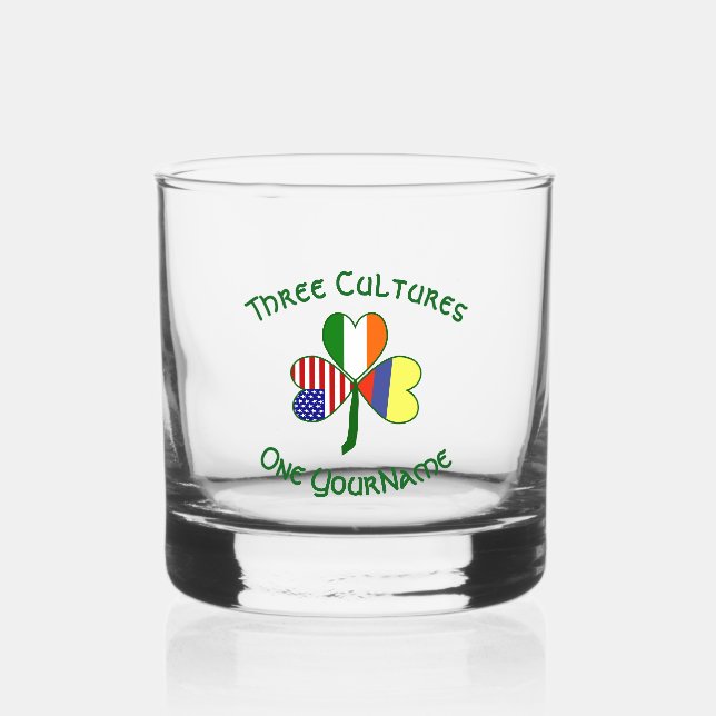 Colombian Irish USA Flags Shamrock Personalized  Whiskey Glass (Front)