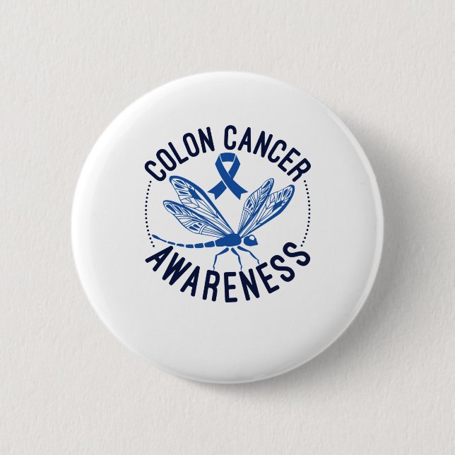 Colon Cancer Awareness Dragonfly Blue Ribbon 2 Inch Round Button (Front)