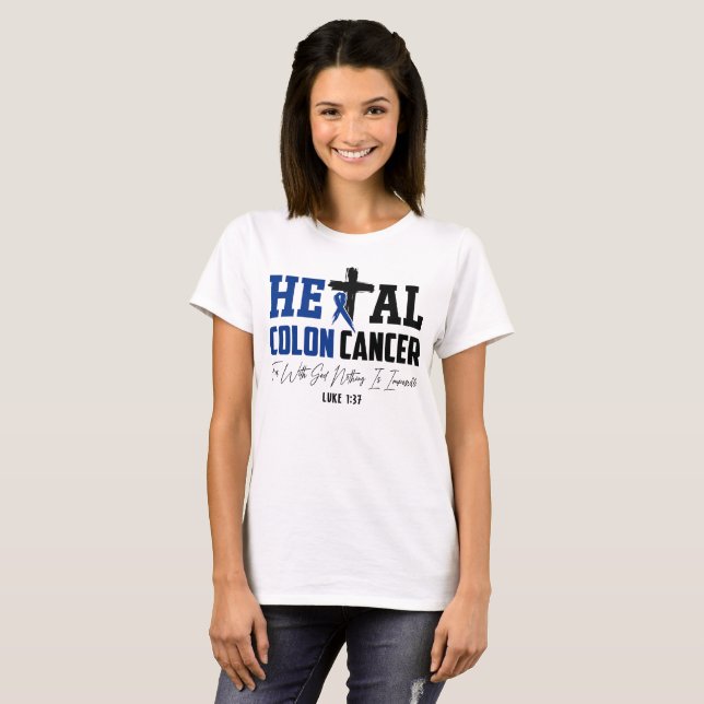 Colon Cancer Christian Luke 1:37 Dark Blue Ribbon T-Shirt (Front Full)