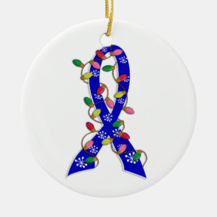 Colon Cancer Christmas Lights Ribbon Ceramic Ornament