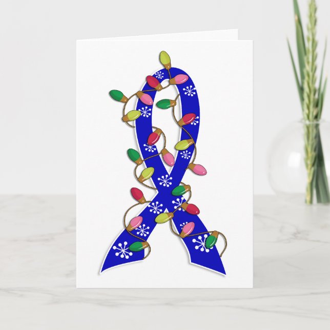 Colon Cancer Christmas Lights Ribbon Holiday Card (Front)