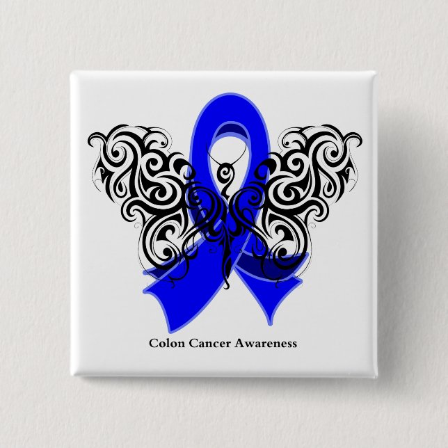 Colon Cancer Tribal Butterfly Ribbon 2 Inch Square Button (Front)