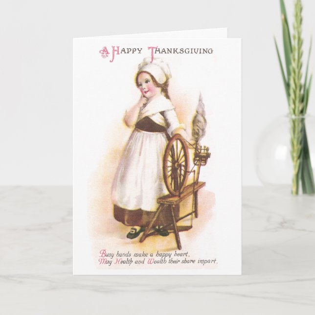 Colonial American Girl and her Spinning Wheel Holiday Card (Front)