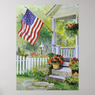 Colonial Country Home American Flag Front Porch Poster