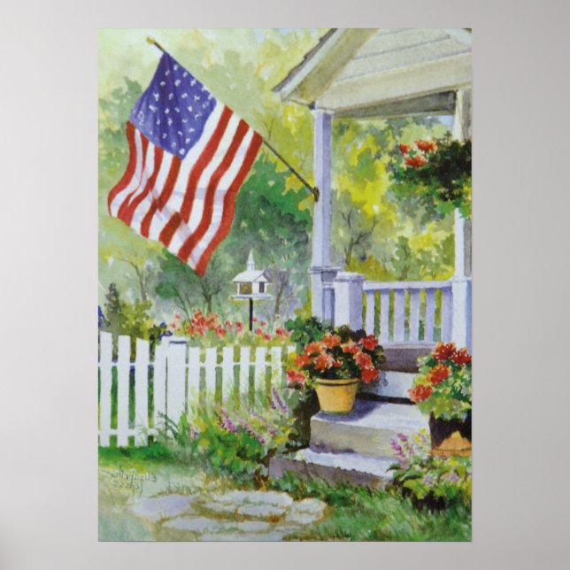 Colonial Country Home American Flag Front Porch Poster (Front)