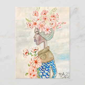 color girl with flowers illustration postcard