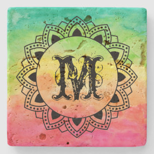 Color Gradation Ornate Black Circle & Monogram Stone Coaster