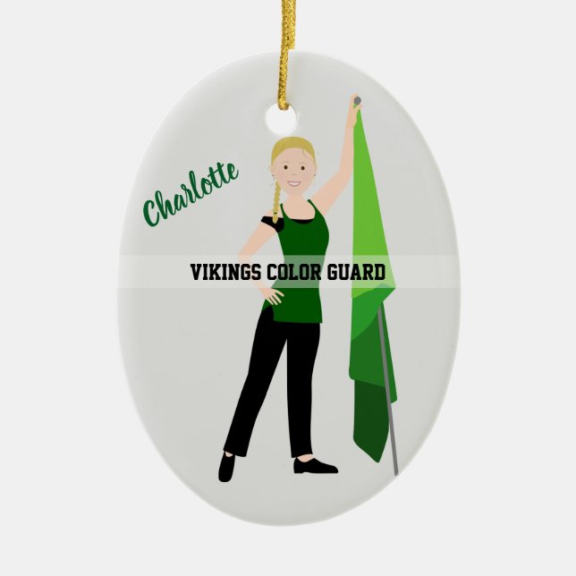 Color Guard Blonde Braid Hair Green & Black Ceramic Ornament (Front)