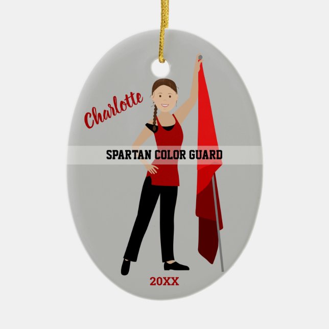 Color Guard Brown Hair Braid Red & Black Ceramic Ornament (Front)