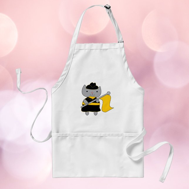 Color Guard Cat Black and Yellow Gold Standard Apron (An apron featuring a cute gray cat wearing a black & yellow color guard uniform.)