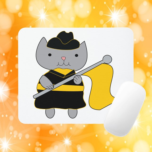 Color Guard Cute Cat Black and Yellow Mouse Pad (A mouse pad featuring a gray cat wearing a black and yellow color guard uniform.)