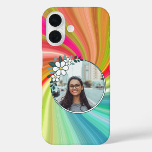 Color Swirl Rainbow Twist with Framed Photo iPhone 16 Case