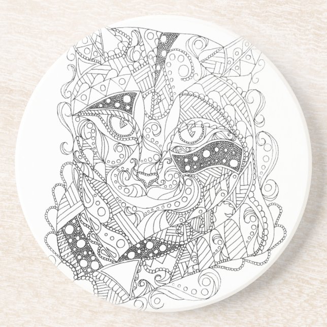 Colorable Cat Abstract Art Adult Colouring Coaster (Front)