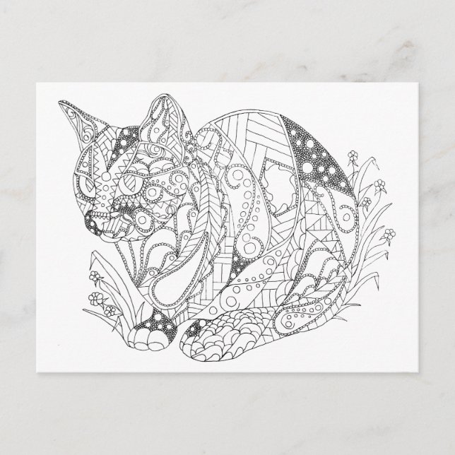 Colorable Cat Abstract Art Drawing for Colouring Postcard (Front)