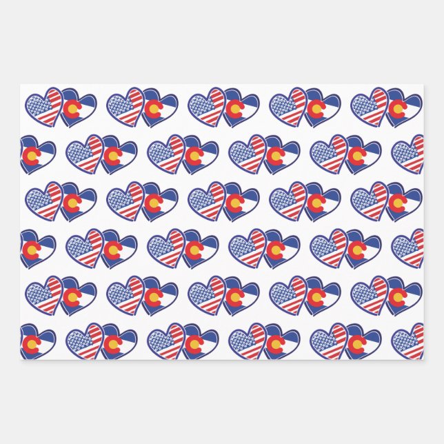Colorado and USA Flag Hearts Wrapping Paper Sheet (Front)