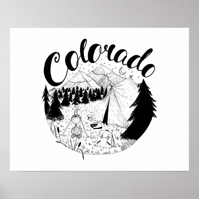 Colorado Camping Outdoors Ink Illustration Poster (Front)