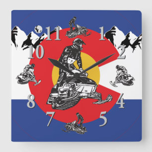 Colorado Flag and Snowmobiles Square Wall Clock