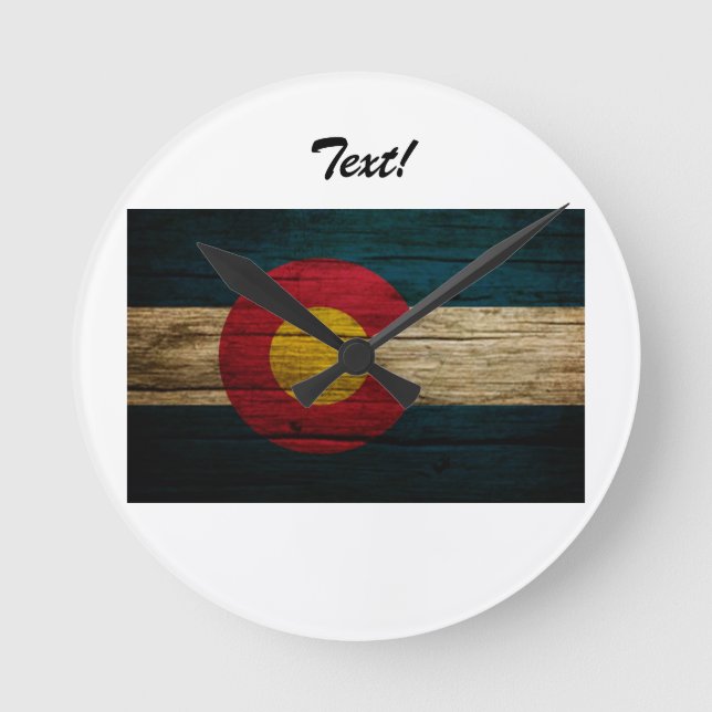 Colorado Flag Rustic Old Wood Round Clock (Front)