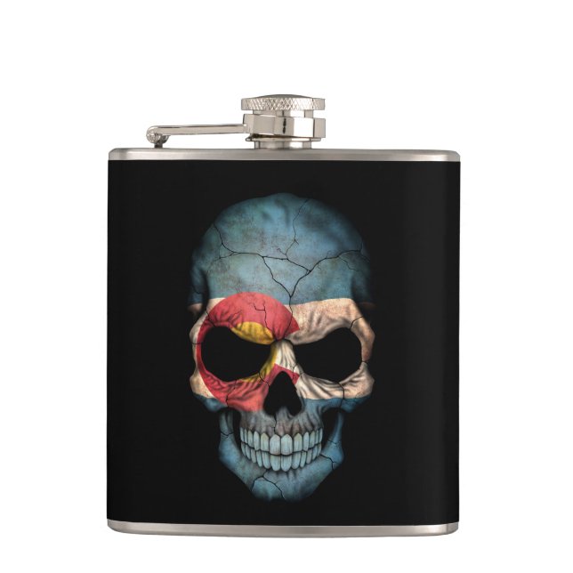 Colorado Flag Skull on Black Hip Flask (Front)