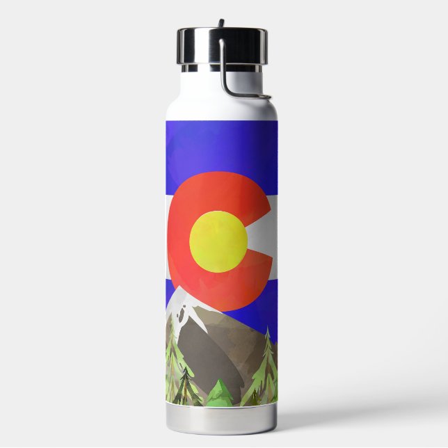 Colorado Flag Water Bottle with Mountains & Trees (Left)