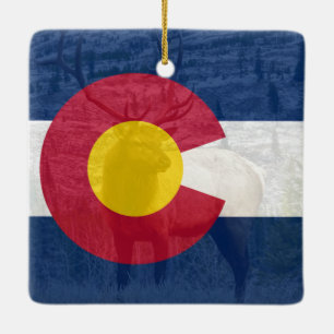 Colorado Flag With Elk Ceramic Ornament