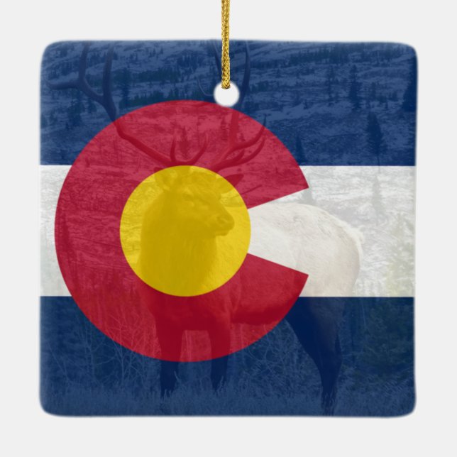 Colorado Flag With Elk Ceramic Ornament (Back)